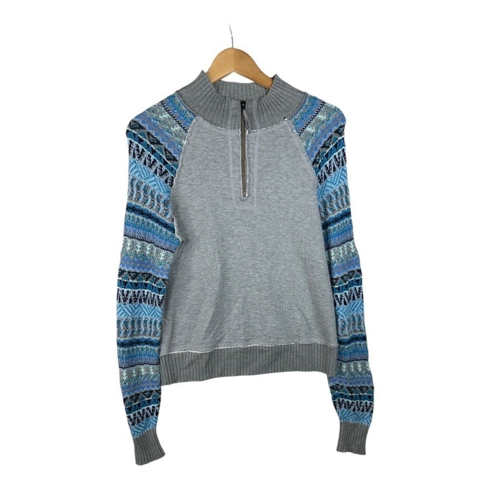 Sundance KNIT NORDIC SLEEVE Knit Sweater 1/4 Zip Pullover Raw Edge Gray Sz XS